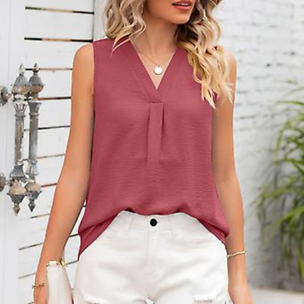 Dame Ærmeløs Top V-hals Ensfarvet Løs Stil Åndbar Moderigtig Sommer Tanktop (XLPink) Pink XL