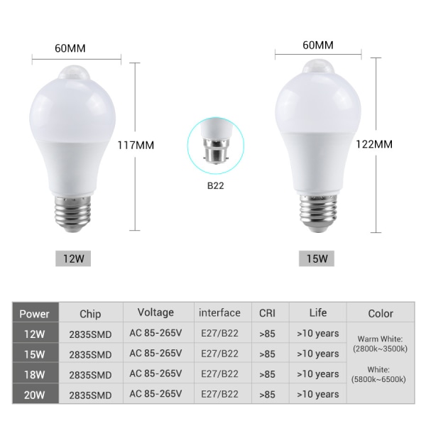 1 kpl LED-ihmiskehon induktiolamppu E27B22 infrapunainen LED-valo 1