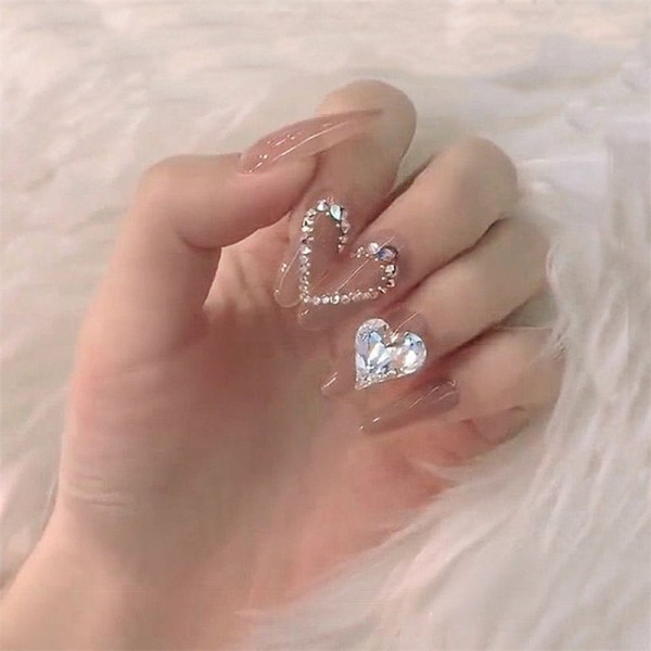 24 stk./sæt af 3D GLOSSY Nude Rhinestone Crystal Gorgeous fuld dækning falske negle med