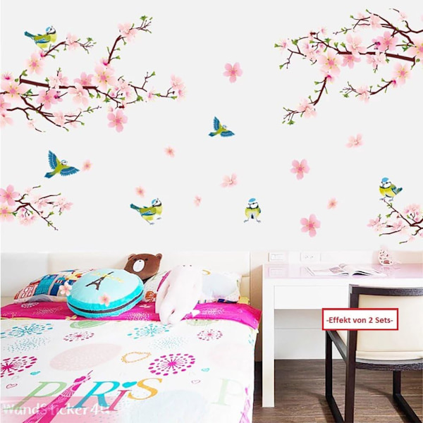 Persikankukat ja linnut seinätarrat (250x150 cm) I itseliimautuva w