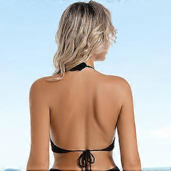 Hæklet halterneck-badedragtstop til damer, dyb V-hals hæklet croptop med polstring, strandtop med justerbar ryg (Farverig risS) Colorful rice S