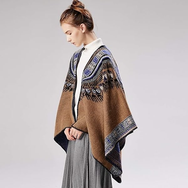 Kaffe Kvinnor Vintage Poncho Cape Tassel Sjal Wrap Cardigan