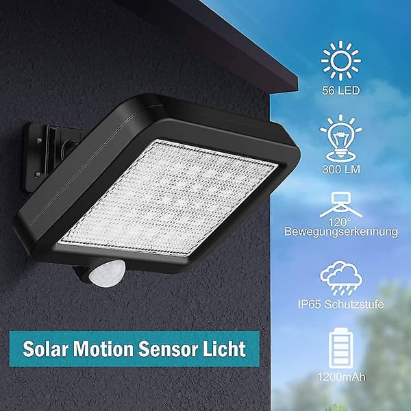 Utendørs solcellelys med bevegelsessensor 56 LED, 120° IP65 vanntett solcelle