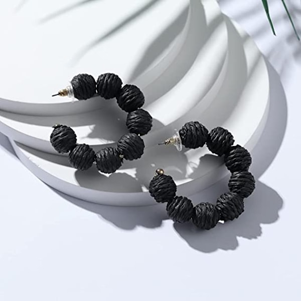 Sommer Rattan Øredobber Bohemian Raffia Ball Hoop Dangle Øredobber