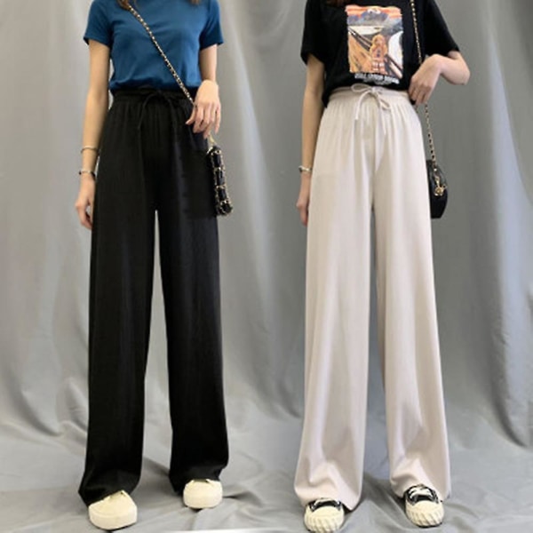 Dame Is Silke Brede Benklæder Løs Elastisk Talje Casual Sommer Lange Bukser XL Sort