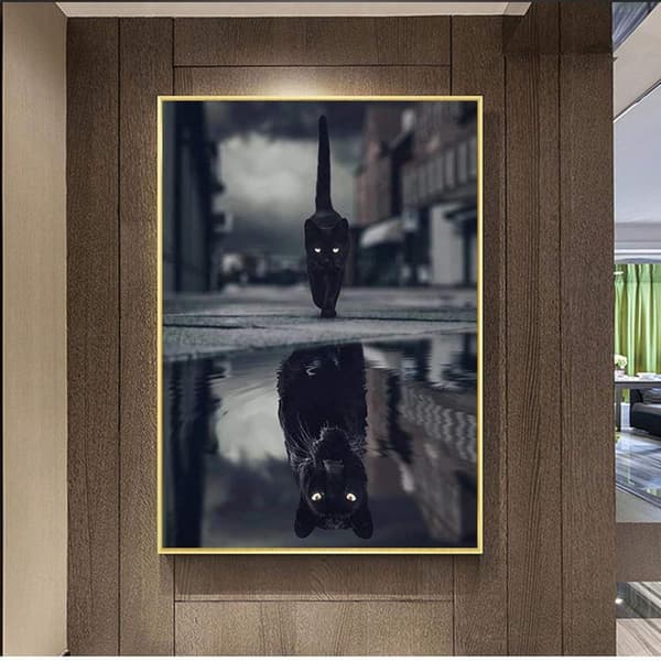 30*40cm Sort Kat Panter Dyr Reflektion Diamant Maleri Kors