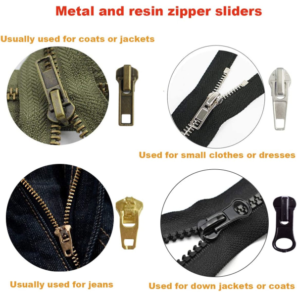 Reparationssats för ersättningsdragkedja med blixtlåstång och förlängningsavdragare för kläder, jackor, ryggsäckar (silver och svart)