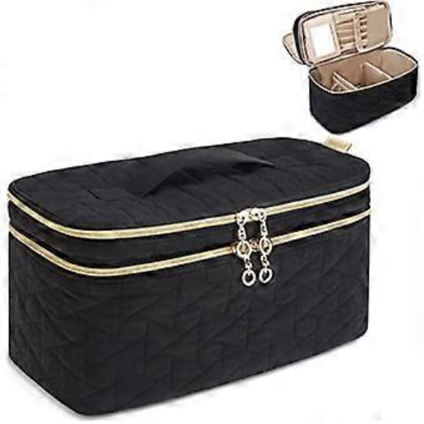 Stor Makeup Taske Organizer, Dobbelt-Lags Rejse Kosmetik Taske med Akryl Spejl, Makeup Tog Taske med Justerbare Rumdelere, Sort