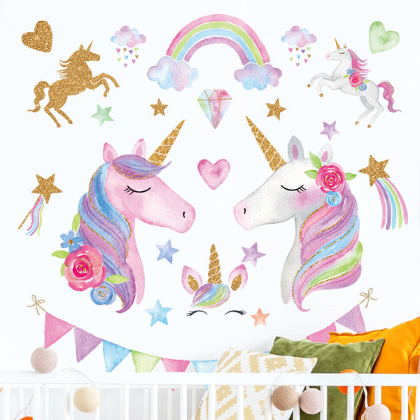 2 Wall Stickers Cartoon Unicorn Kindergarten Class Gold Pink INS