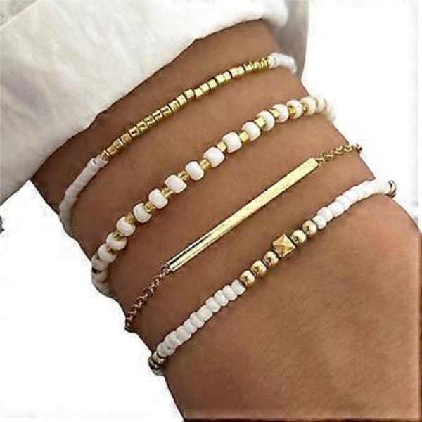 Värikäs helmikoristeinen rannekorusetti, 4 kpl, tyylikäs käsintehty rannekoru, säädettävä rannekoru, helmien rakenne, sopii muodikkaaseen tyyliin Gold-color