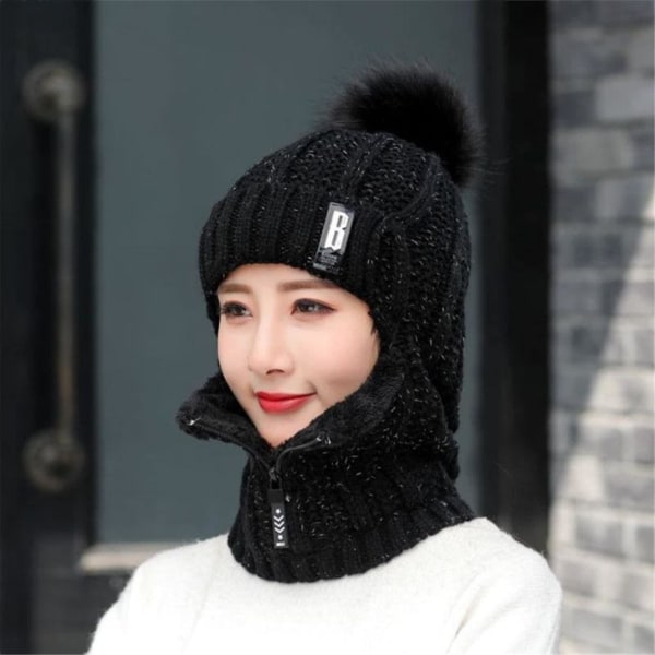 Winter Siamese Windproof Hat, Knitted Wool Hat, Women Wool Knitted Ski Sets, Thick Siamese Scarf Collar Warm Hat（Black）