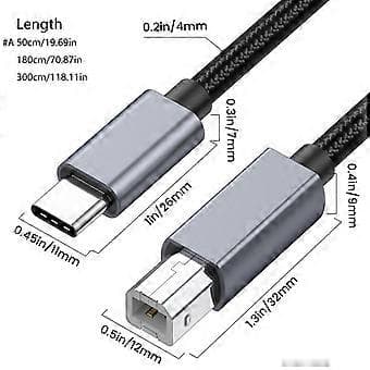 USB C til B BM-kabel, printertilslutning TypeC til USB B-ledning til PC, bærbar computer til printer, scannereledning 0.3 m