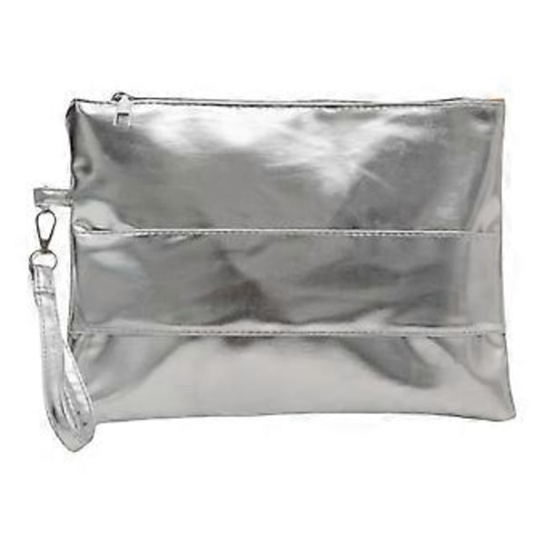 Klassisk skinnende metallisk håndledstaske til kvinder, kuverttaske i PU-læder med lynlås, clutch håndtaske til shopping og rejser - Sølv Silver