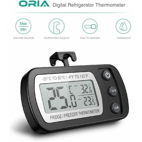Sähköinen lämpömittari keittiön jääkaappiin, kosteudenkestävä ja vedenpitävä, päivitetty versio magneetilla ja mustalla koukkulla (-20 50 ℃)