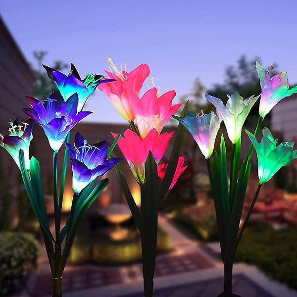 Utomhussolljus, 3-pack liljablommor Fairy Solar Lights Färgskiftande Led Yard Lights Dekoration för trädgårds uteplats Landskapsgång (rosa lila An)