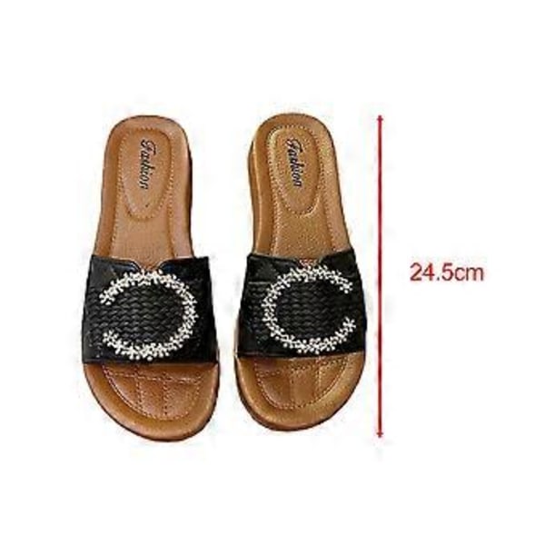 Damtofflor Slip-on Sandaler Mjuka Strand Bekväma Öppen Tå Fest Fina Halkfria Sulor Mode Slides Dam Platt Sandaler (Svart Längd 24.5cm) Black Length 24.5cm