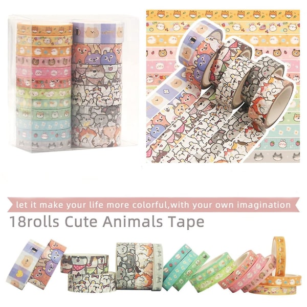 Kawaii søde tegneserie Washi Tape Sæt - 18 ruller tynde dyreguld udsmykning dekorative maskeringstape