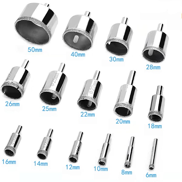 15 stk. hulsav, diamantbor hulsav 6-50mm glasboring