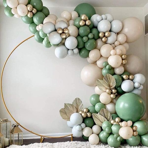 Sage Green Balloon Arch Kit, 154 st återanvändbara gröna ballonger Arch Set med vit och guld metallisk latex ballong