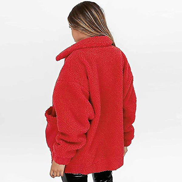 Kvinners Lapel Lang Ermet Faux Jakke Vinter Sexy Parka Mote Jakke（M Rød）