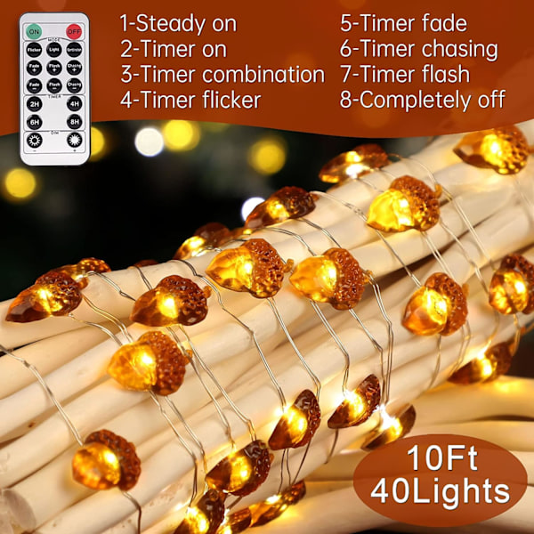 Julgransljus, 10ft Silver Wire Acorn 40 LED Batteridriven med Dimbar Fjärrkontroll Timer för Istid, Inomhus Utomhus, Bröllop, Födelsedag Sovrum Kamin Eldstad Juldekorationer