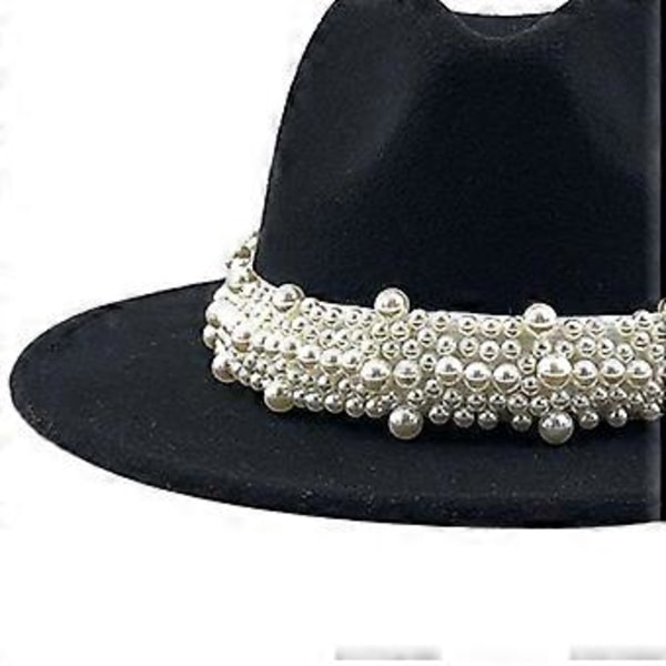 Cashmere Fedora-hatter med bred brem for kvinner og menn, dresshatter ensfarget Panama-hatt med perlebesatt dekorativ brem (svart)