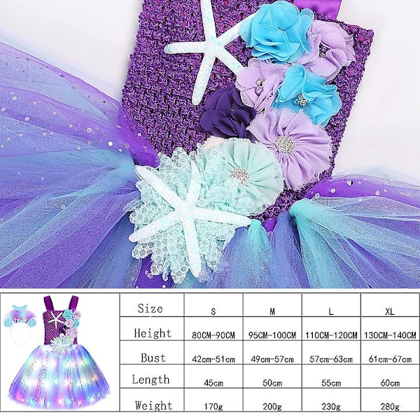 Prinsessa Tutu Tytöt Led Valo Ylös Mermaids Prinsessa Mekko Syntymäpäiväasu Halloween Pukuun（S(2-3Y) Violetti）