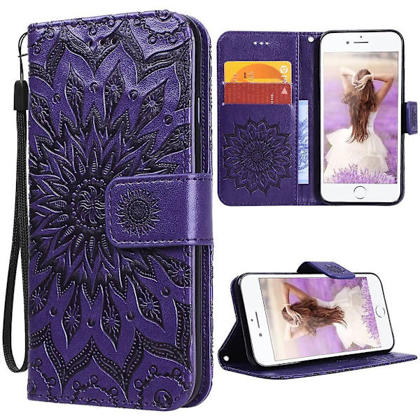 Fodral i PU-läder till iPhone 7/8 med plånboksfunktion, blommigt flipfodral med magnetlås, kortfack, stativfunktion, premium stötsäkert, heltäckande skyddande fodral, solros