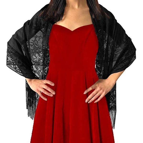 Ladiery Dam Floral Spets Sjal Sjal Med Tofs, Mjuk Mesh Frans Wraps För Bröllop Kväll Festklänningar（Stil 4）