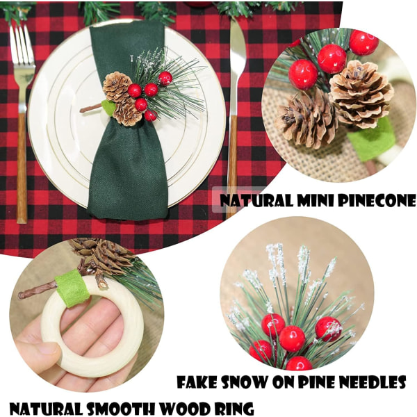 8Pcs Christmas Napkin Rings Wooden Napkin Holders with Pine Cone Red Berry Snowflake