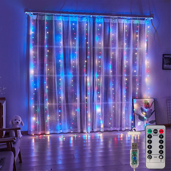 Gardinstrenglys 300 LED julelys med 8 moduser fjernkontroll (3*3M RGB)