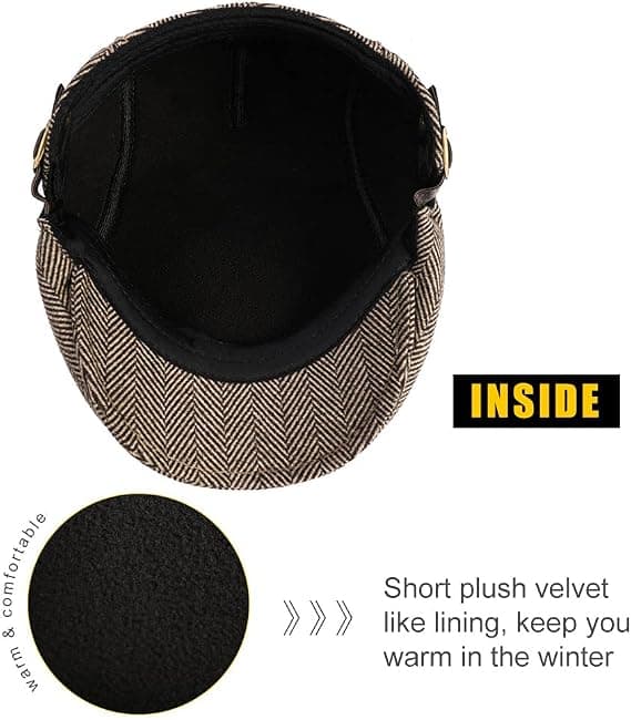 Herre Flat Beret Cap Justerbar Flat Hat Høst Vinter（Coffee-Sildeben）