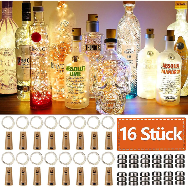 16 delar flaskljus 20 lysdioder 2 m flaskljus Varmvitt Fairy Lights Cork Mood Lights Vinflaska Nattljus för flaska gör det själv, fest, trädgård, jul