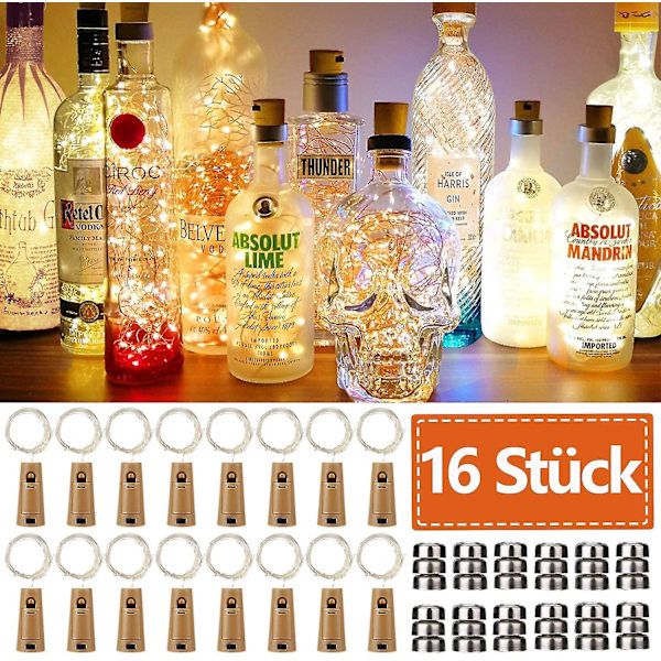 16 stk. flaske lys 20 LED 2m flaske lys varm hvid fe lys kork stemningslys vinflaske natlys til flaske DIY, fest, have, jul