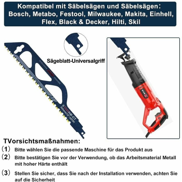 Tungstenkarbidstål sabelblad for metall, tre, stein, sabelbladtilbehør for gassbetong, murstein, betong, sementplate, lengde (305mm (S1243HM))