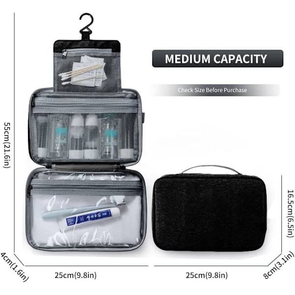 Hängande necessär för resor, bärbar sminkväska, vattentät hopfällbar sminkväska, necessär för män och kvinnor (svart)