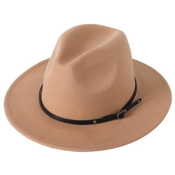 Klassiska svart-filt-hattar-för-kvinnor, bredbrättad-ull-rancher-panama Jazzhatt med bältesspänne