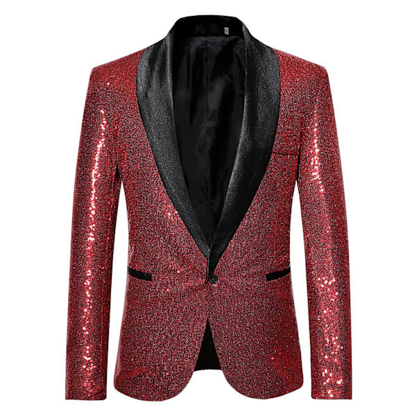 Herr Sequin Casual Blazer Fest Bröllop Höst Vinter Regelbunden Rock Casual Jacka（XXL Vinröd）