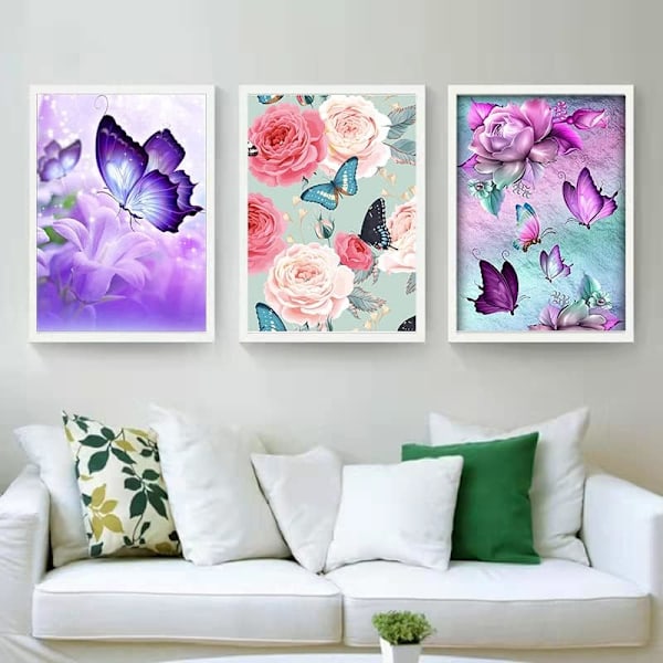 Perhonen ja kukka DIY timanttimaalaussarja, timanttitaidekäsityö, timanttimaalaussarja seinäkoristelahja täysi pyöreä timantti 12x16 tuumaa