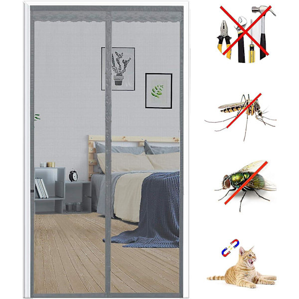 Magnetisk myggenetdør 130x210cm, myggenet til glasfiberdør, myggenet til dør automatisk lukning ultra fint mesh uden hul (grå)