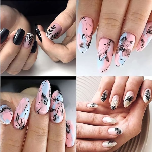 6 ark svarta vita löv blomma nail art klistermärken 3D Tropical