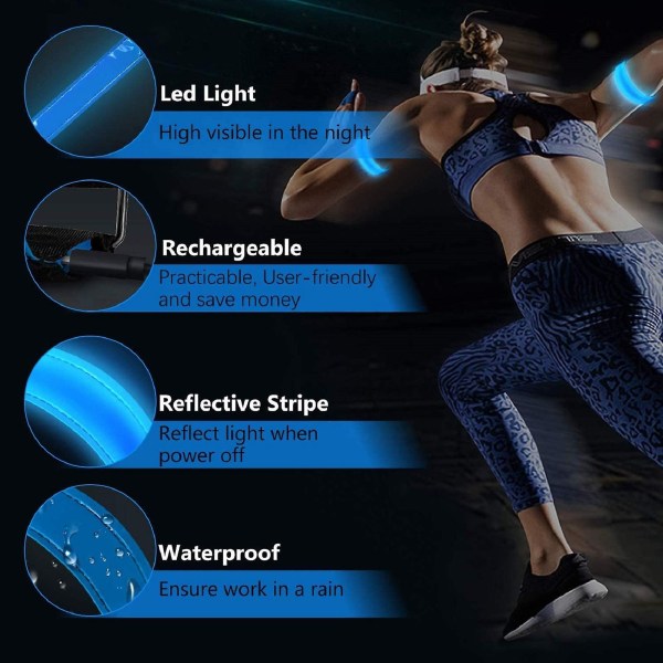 2st uppladdningsbart ledarmband | Led-löpare med hög synlighet för löpare | Reflekterande löparutrustning Light Up Armband (blått)
