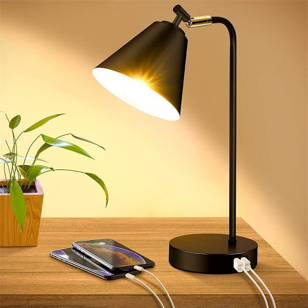 Industriell dimbar skrivebordslampe med 2 USB-ladeporter AC-uttak