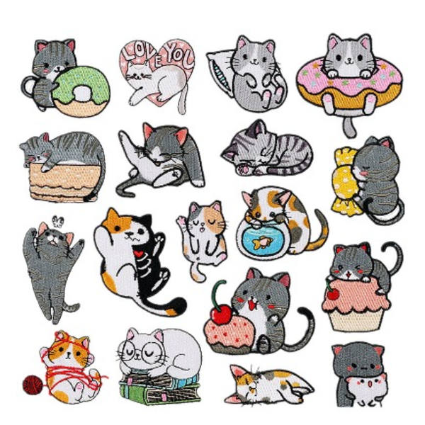 18 stk. tegneserie katt broderte stoffpose dekorasjonslapper
