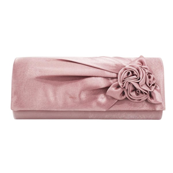 Dame satin clutch taske med rose aften bryllupsfest prom brude håndtaske (pink)