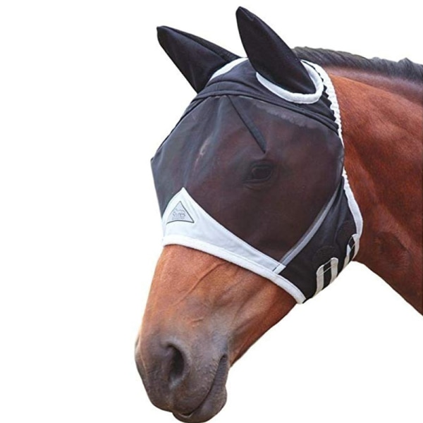 2kpl Petbank Horse Fly Mask Anti-UV Ratsastusperhonaamio korvaverkolla/Toupee-reiällä/heijastinkoristeella M Musta valkoinen