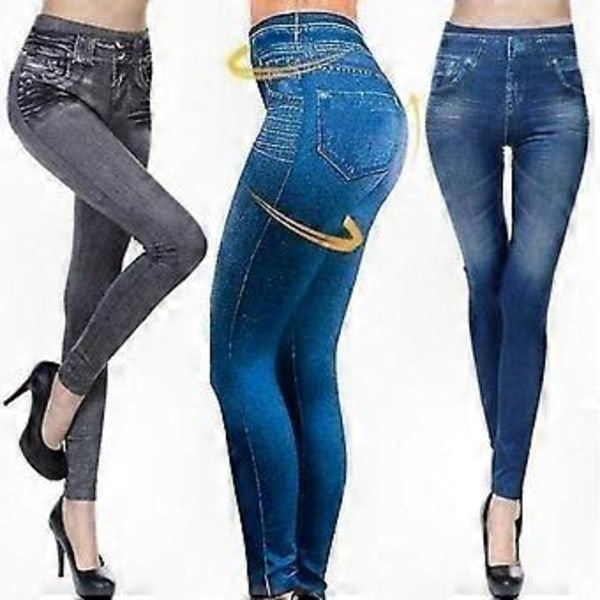 Naisten korkeavyötäröiset, täyspitkät leggingsit, jotka näyttävät farkkukankaisilta Blue L