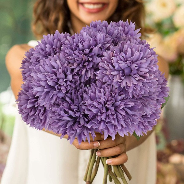 10 stk Silke Krysantem Ball Buketter Hortensia For Bryllup Brudepike Livaktig Kunstige Blomster Hjemmedekor Diy Fest (Lilla)