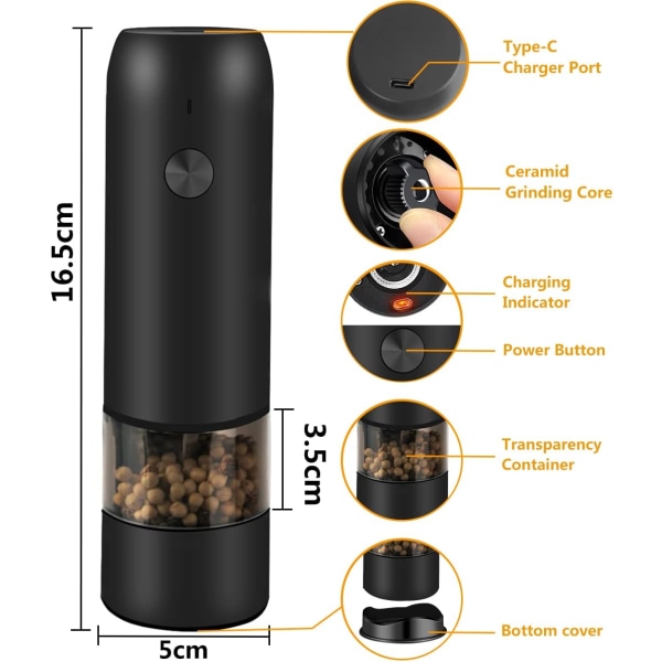 Electric Salt and Pepper Grinder, USB Rechargeable, Automatic Ope