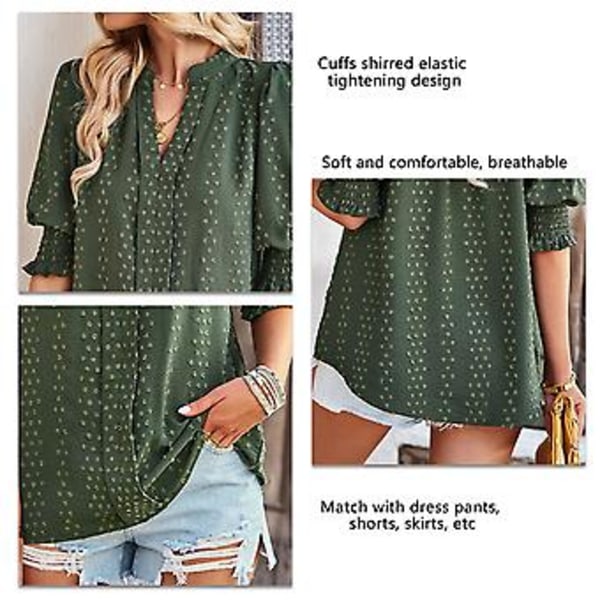 Dam Halv Ärm V-ringad Topp Elegant Trendig Enfärgad Puffärm Elastisk Rynkad Manschett Skjorta Blus (MOD Grön) OD Green M